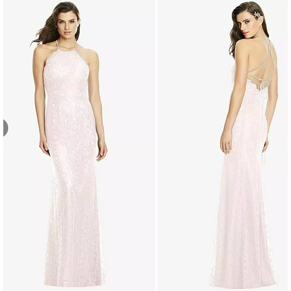 DESSY 2995 SIZE 16 HALTER CRISS CROSS OPEN-BACK LACE TRUMPET GOWN BLUSH PINK NEW - Picture 1 of 6